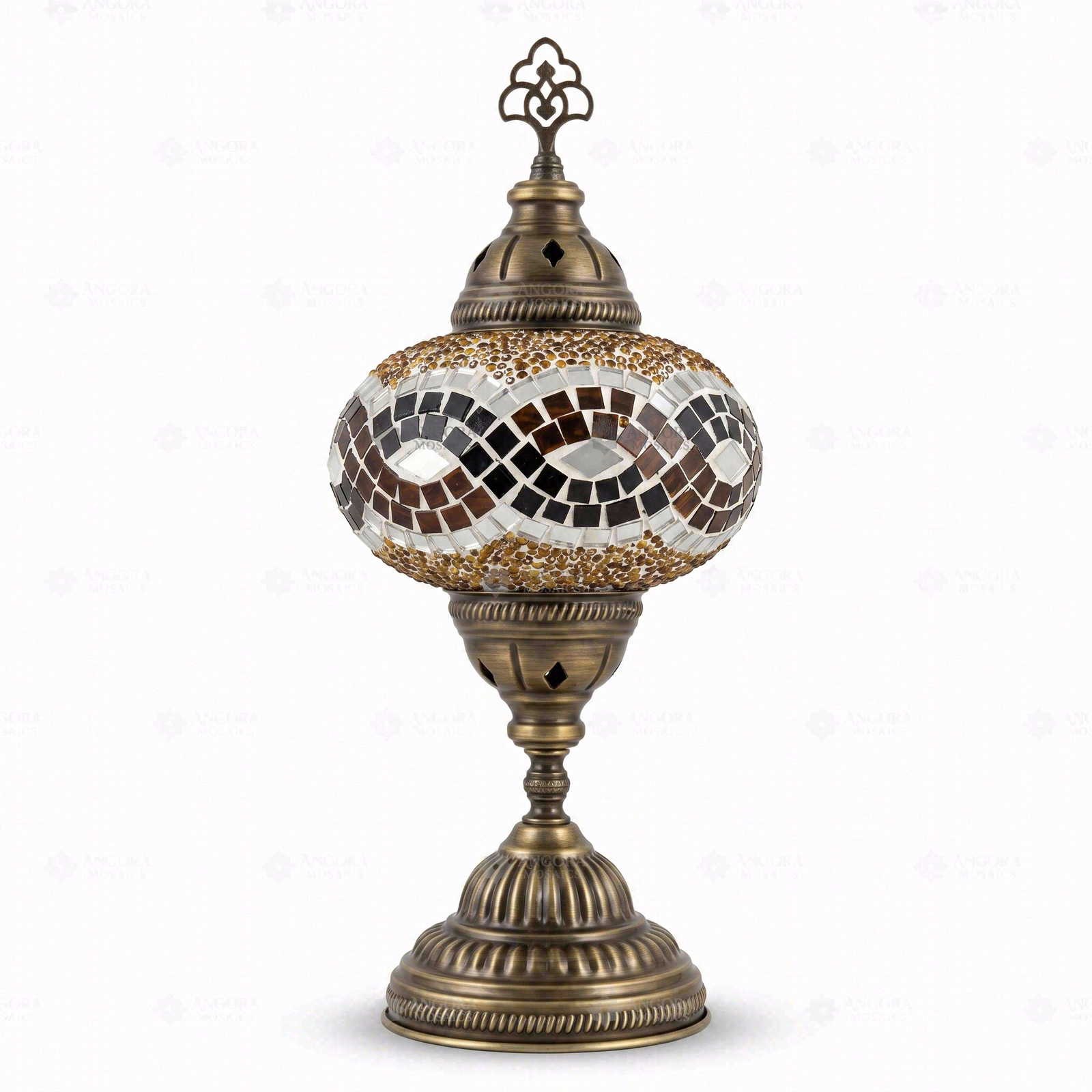Full view of handmade Amber warm amber Turkish mosaic table lamp on white background (ENV MUN3064)