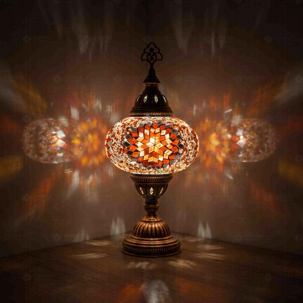 Amber Classic Table Lamp, glowing in a dark room