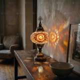 Amber warm amber Turkish mosaic table lamp in styled room — handmade Moroccan table lamp (ENV MUN3065)