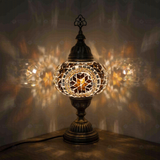 Amber Turkish mosaic table lamp illuminated, showing colorful light projection (ENV MUN3067)