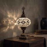 White white glow Turkish mosaic table lamp in styled room — handmade Moroccan table lamp (ENV MUN3068)