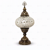Full view of handmade White white glow Turkish mosaic table lamp on white background (ENV MUN3068)