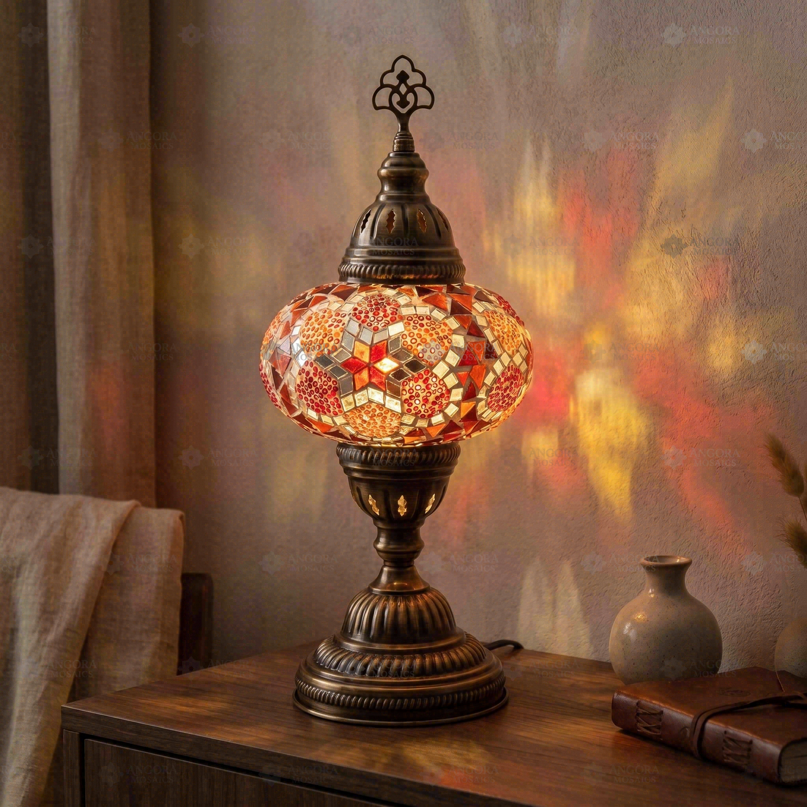 Amber warm amber Turkish mosaic table lamp in styled room — handmade Moroccan table lamp (ENV MUN3079)