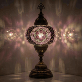 Purple Turkish mosaic table lamp illuminated, showing colorful light projection (ENV MUN3087)