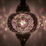 Lit close-up of mosaic glass globe — Purple table lamp glowing (ENV MUN3087)