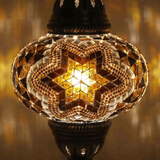 Lit close-up of mosaic glass globe — Amber table lamp glowing (ENV MUN3088)