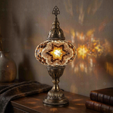 Amber warm amber Turkish mosaic table lamp in styled room — handmade Moroccan table lamp (ENV MUN3088)