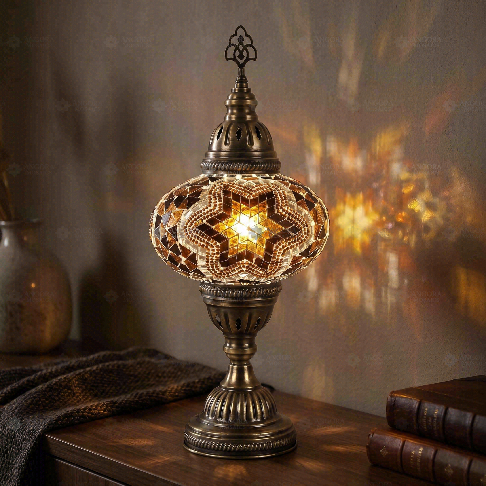 Amber warm amber Turkish mosaic table lamp in styled room — handmade Moroccan table lamp (ENV MUN3088)