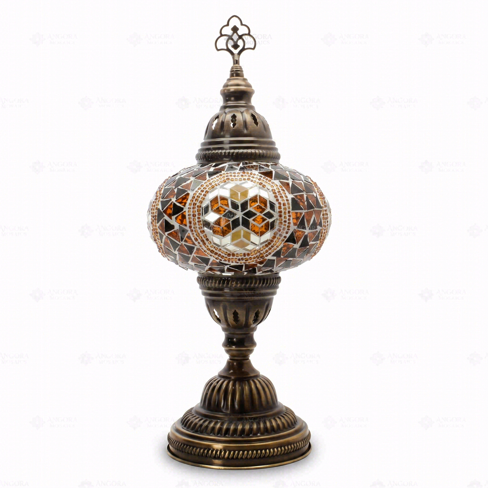 Full view of handmade Amber warm amber Turkish mosaic table lamp on white background (ENV MUN3089)