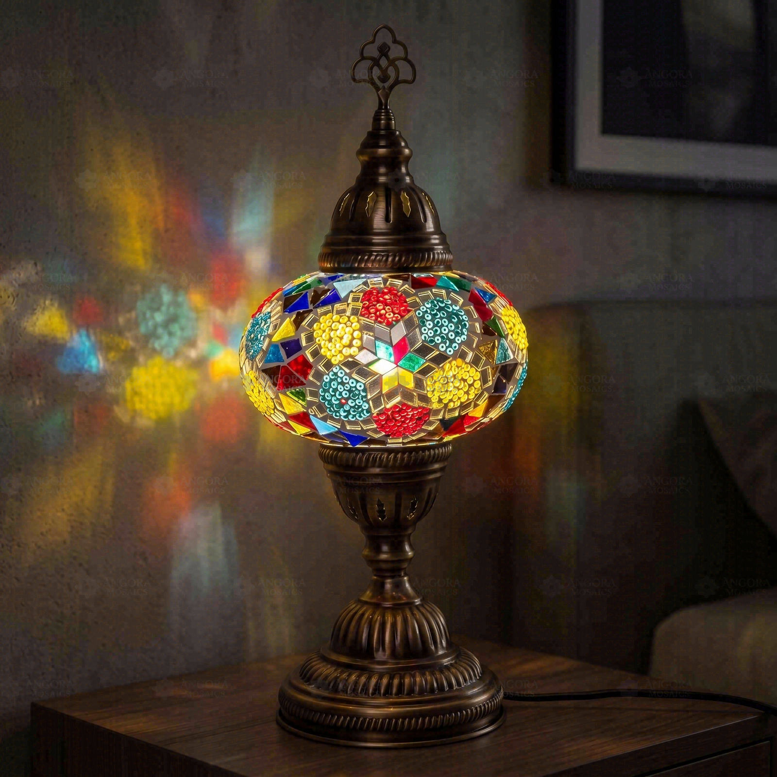 Multicolor multicolor jewel Turkish mosaic table lamp in styled room — handmade Moroccan table lamp (ENV MUN3091)