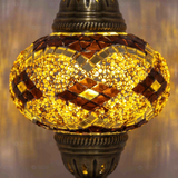 Lit close-up of mosaic glass globe — Amber table lamp glowing (ENV MUN3092)