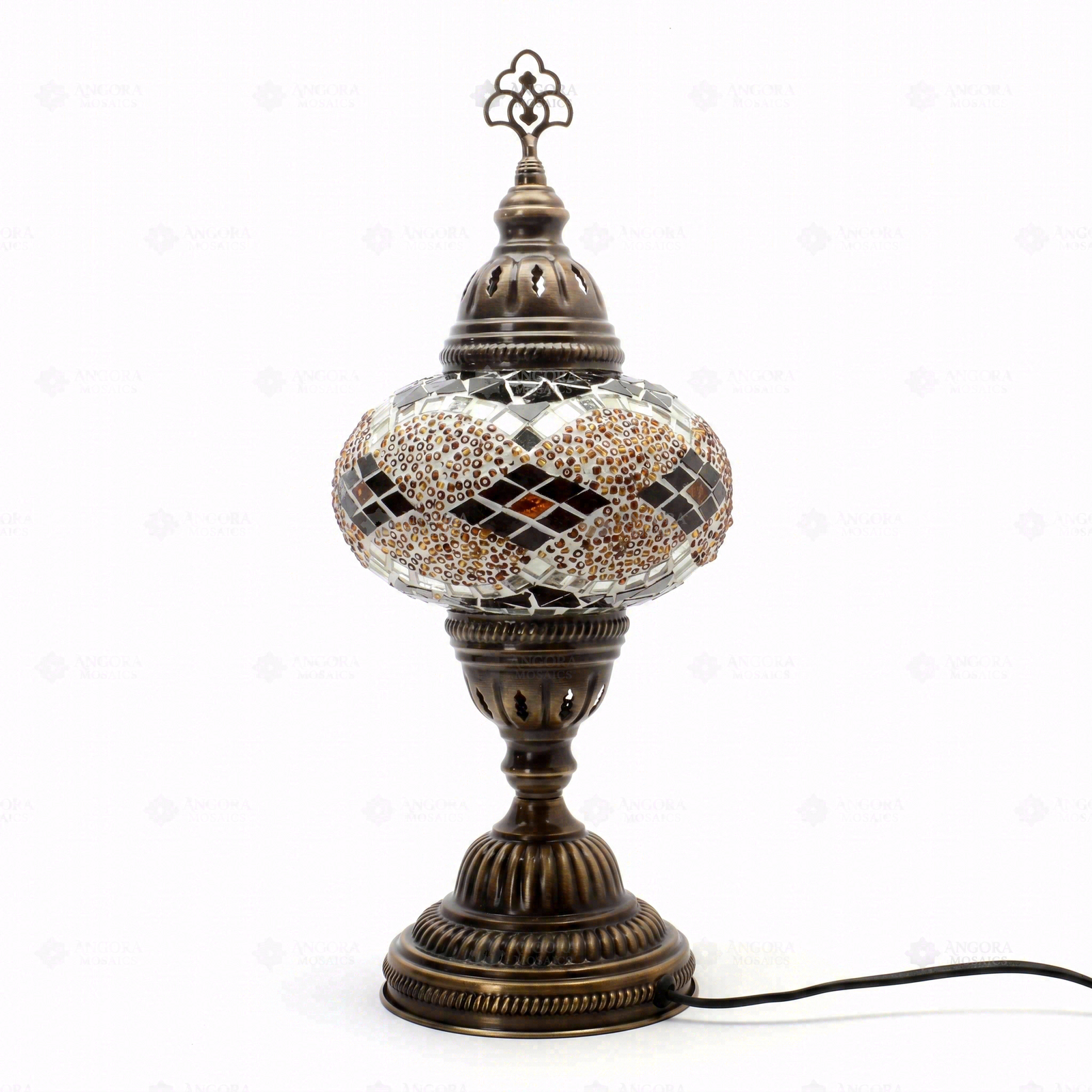 Full view of handmade Amber warm amber Turkish mosaic table lamp on white background (ENV MUN3092)