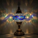Blue Turkish mosaic table lamp illuminated, showing colorful light projection (ENV MUN3094)