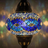 Lit close-up of mosaic glass globe — Blue table lamp glowing (ENV MUN3094)