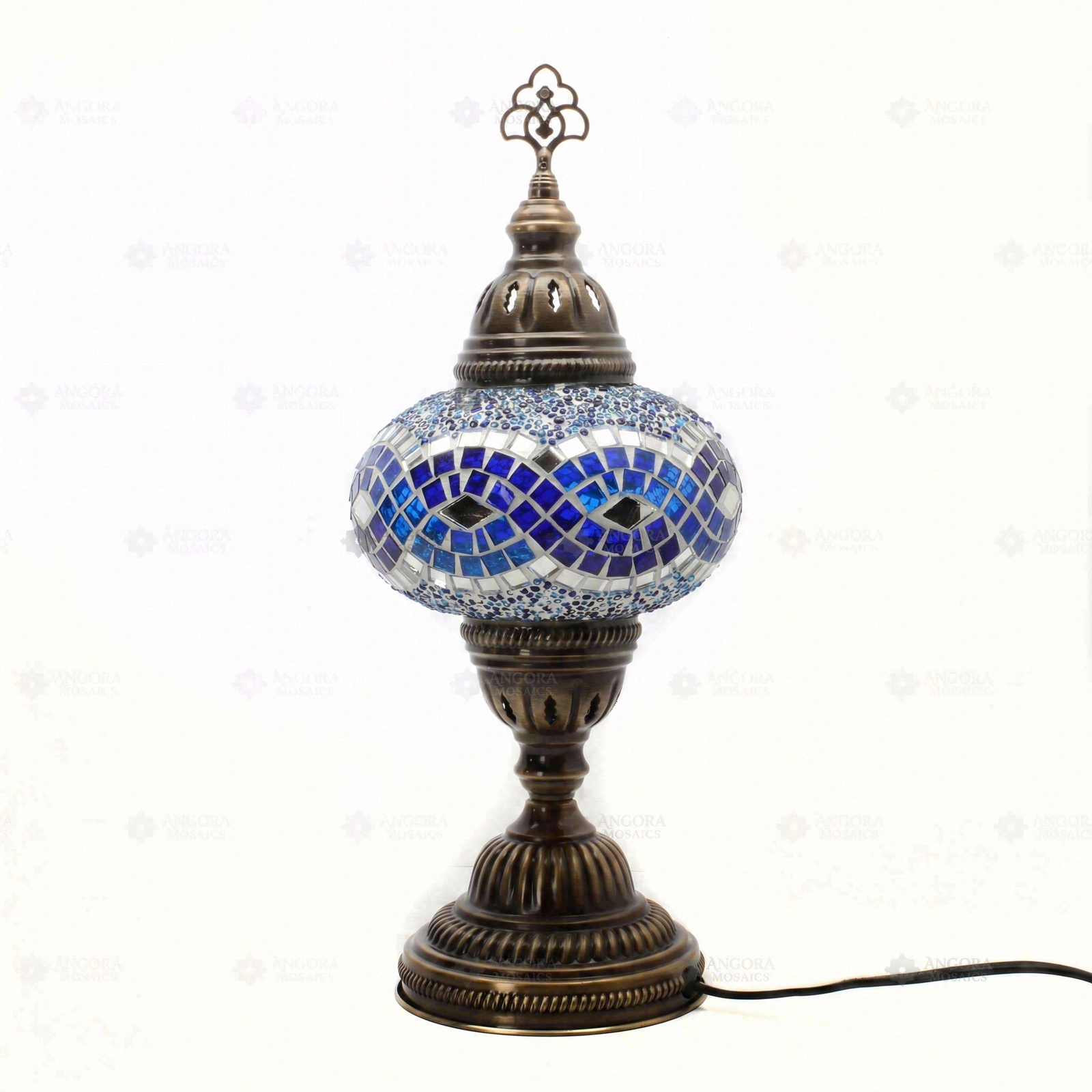 Full view of handmade Blue blue jewel Turkish mosaic table lamp on white background (ENV MUN3094)