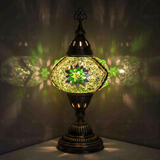 Green Turkish mosaic table lamp illuminated, showing colorful light projection (ENV MUN3096)