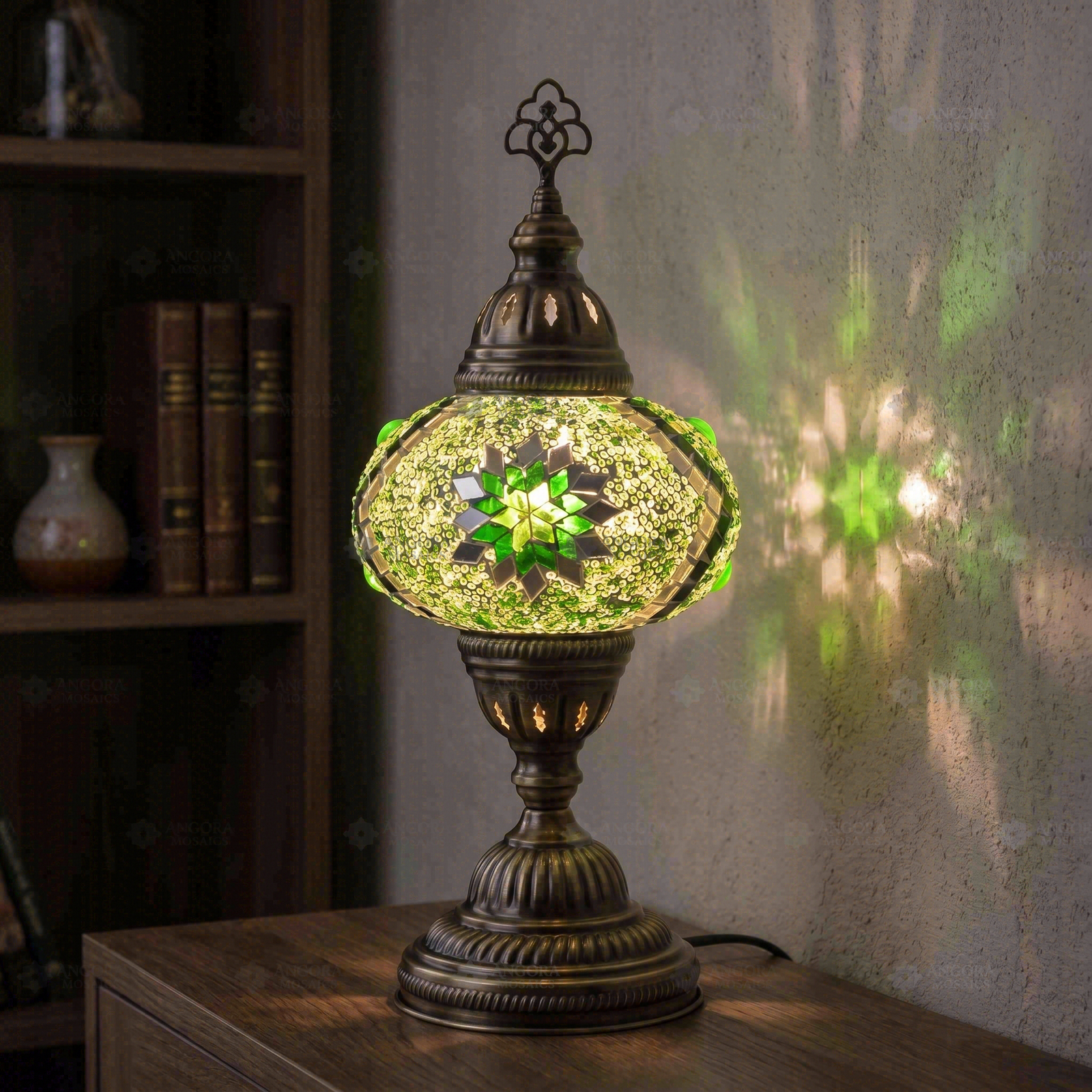 Green green jewel Turkish mosaic table lamp in styled room — handmade Moroccan table lamp (ENV MUN3096)