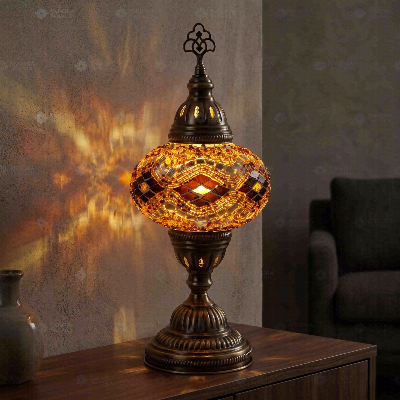 Amber warm amber Turkish mosaic table lamp in styled room — handmade Moroccan table lamp (ENV MUN3097)