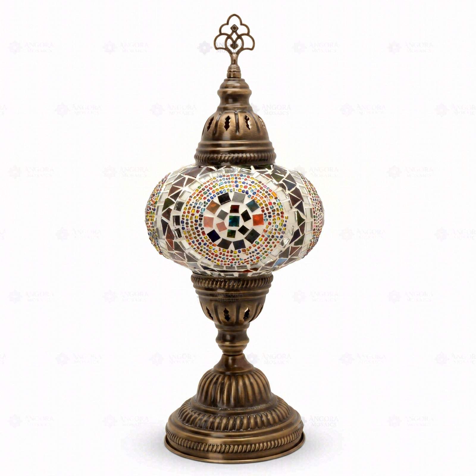 Full view of handmade Multicolor multicolor jewel Turkish mosaic table lamp on white background (ENV MUN3099)