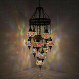 Multicolor Turkish mosaic chandelier illuminated, showing colorful light projection (ENV SLT13N3 (3021))