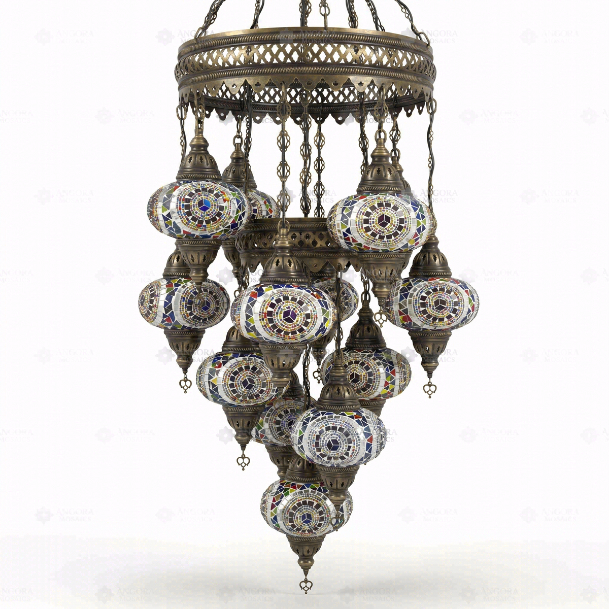 Multicolor 13-Globe Cluster Chandelier, switched off, on a white background