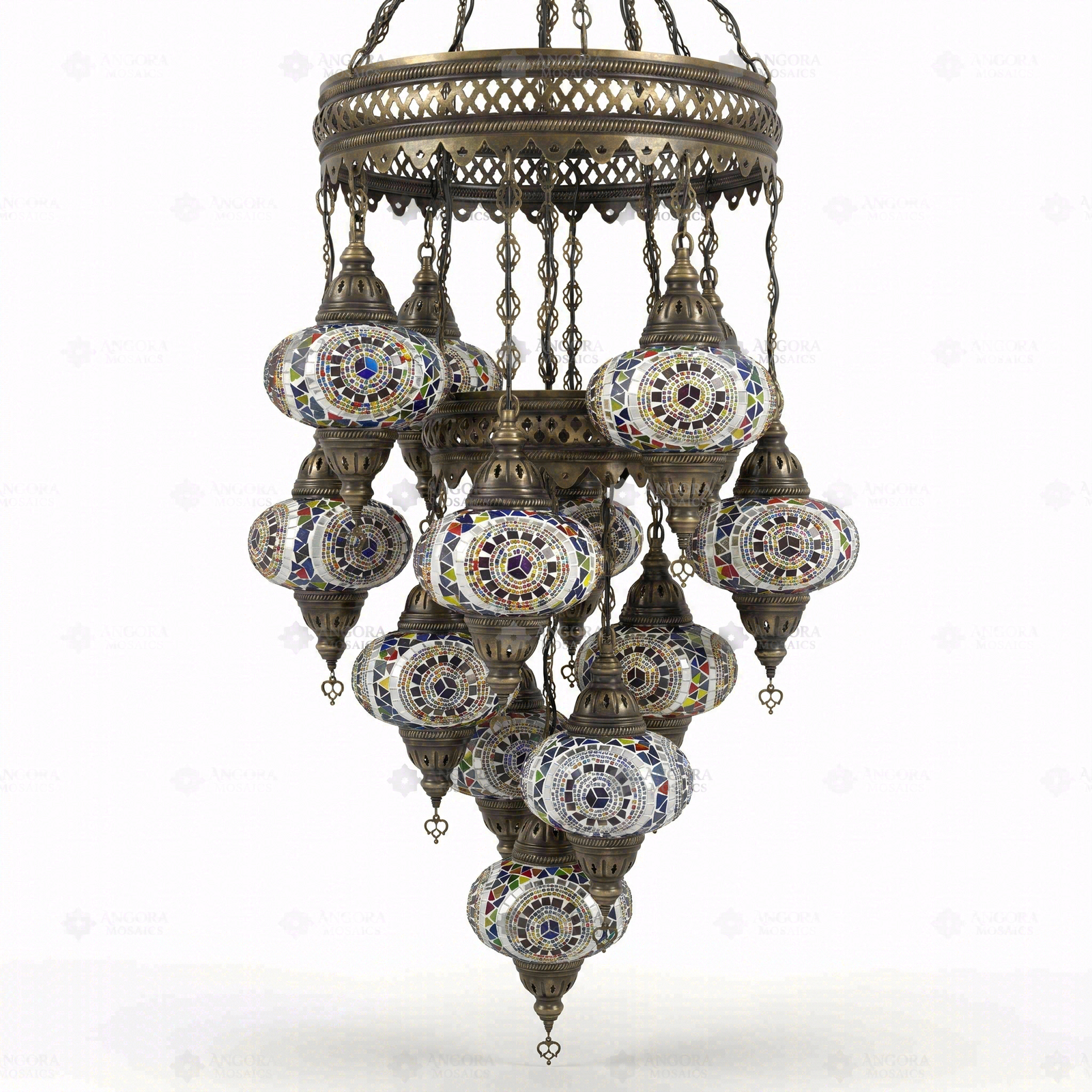 Full view of handmade Multicolor multicolor jewel Turkish mosaic chandelier on white background (ENV SLT13N3 (3021))