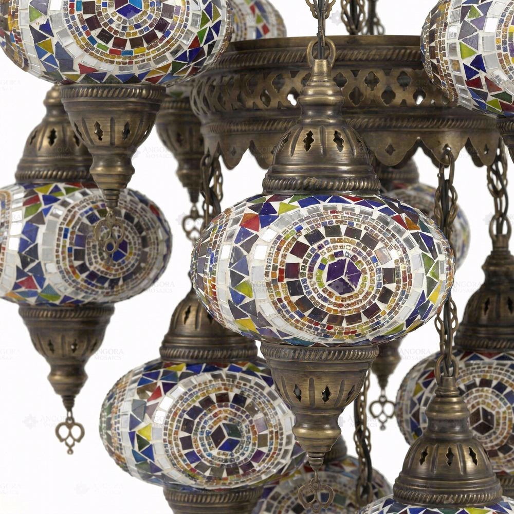 Multicolor 13-Globe Cluster Chandelier, close-up of the mosaic glass