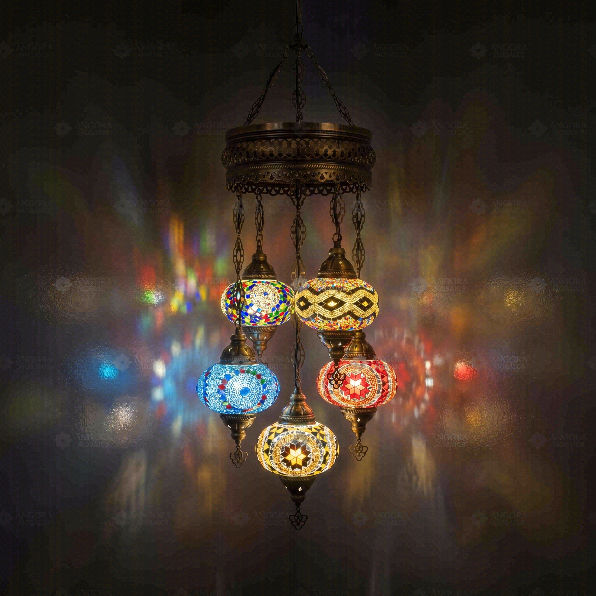 Multicolor Turkish mosaic chandelier illuminated, showing colorful light projection (ENV SLT5N3 (01-06-11-13-67))
