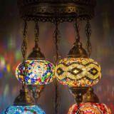 Lit close-up of mosaic glass globe — Multicolor chandelier glowing (ENV SLT5N3 (01-06-11-13-67))