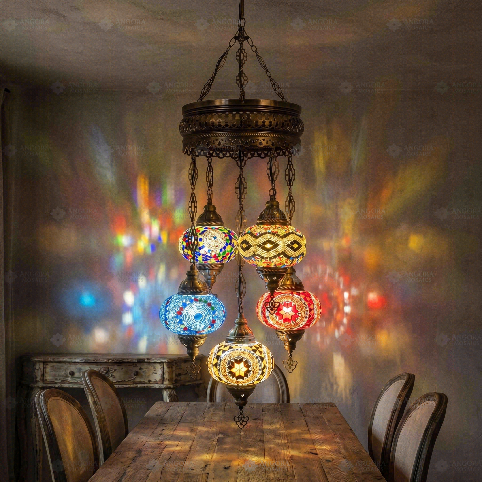 Multicolor multicolor jewel Turkish mosaic chandelier in styled room — handmade Moroccan chandelier (ENV SLT5N3 (01-06-11-13-67))