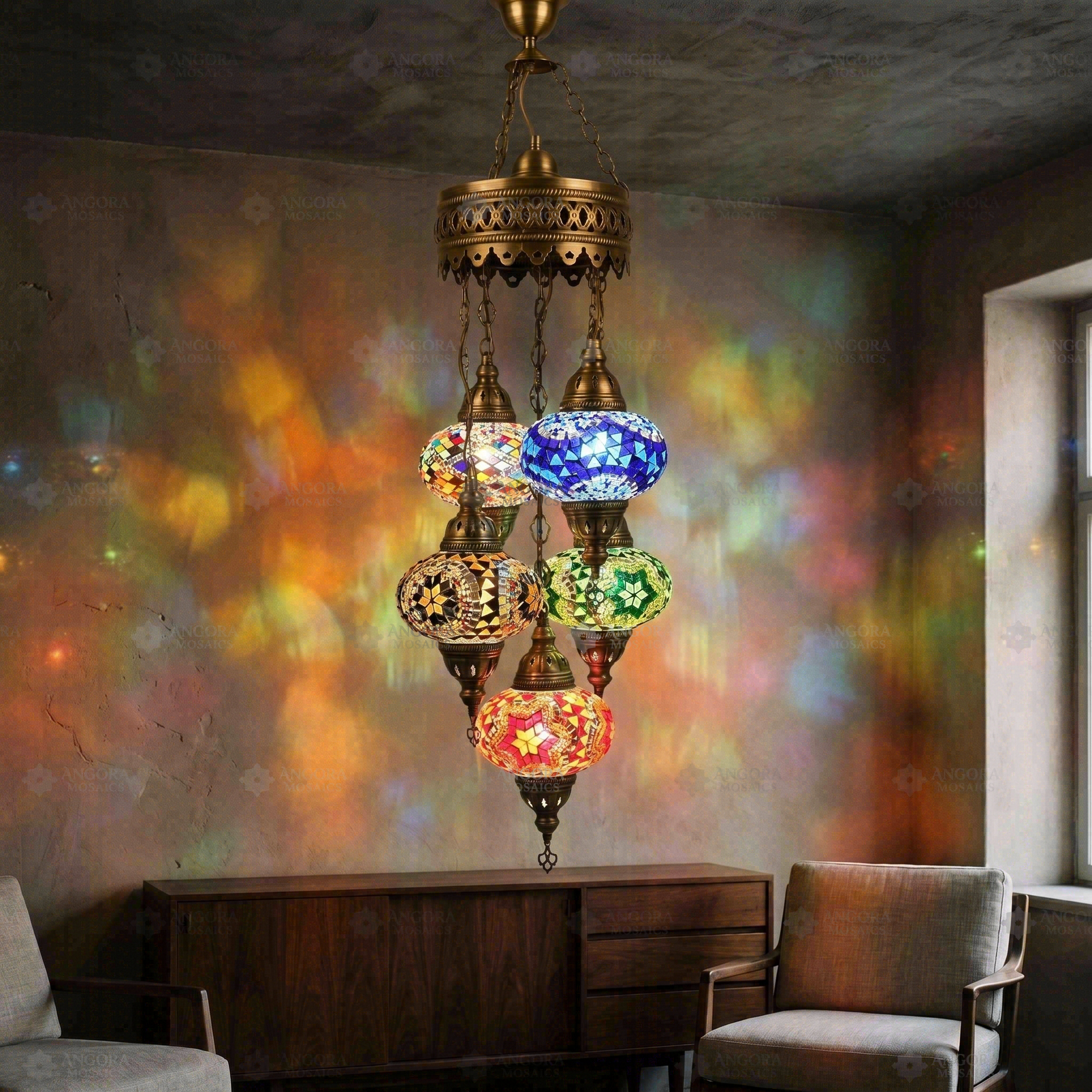 Multicolor multicolor jewel Turkish mosaic chandelier in styled room — handmade Moroccan chandelier (ENV SLT5N3 (02-03-05-11-56))