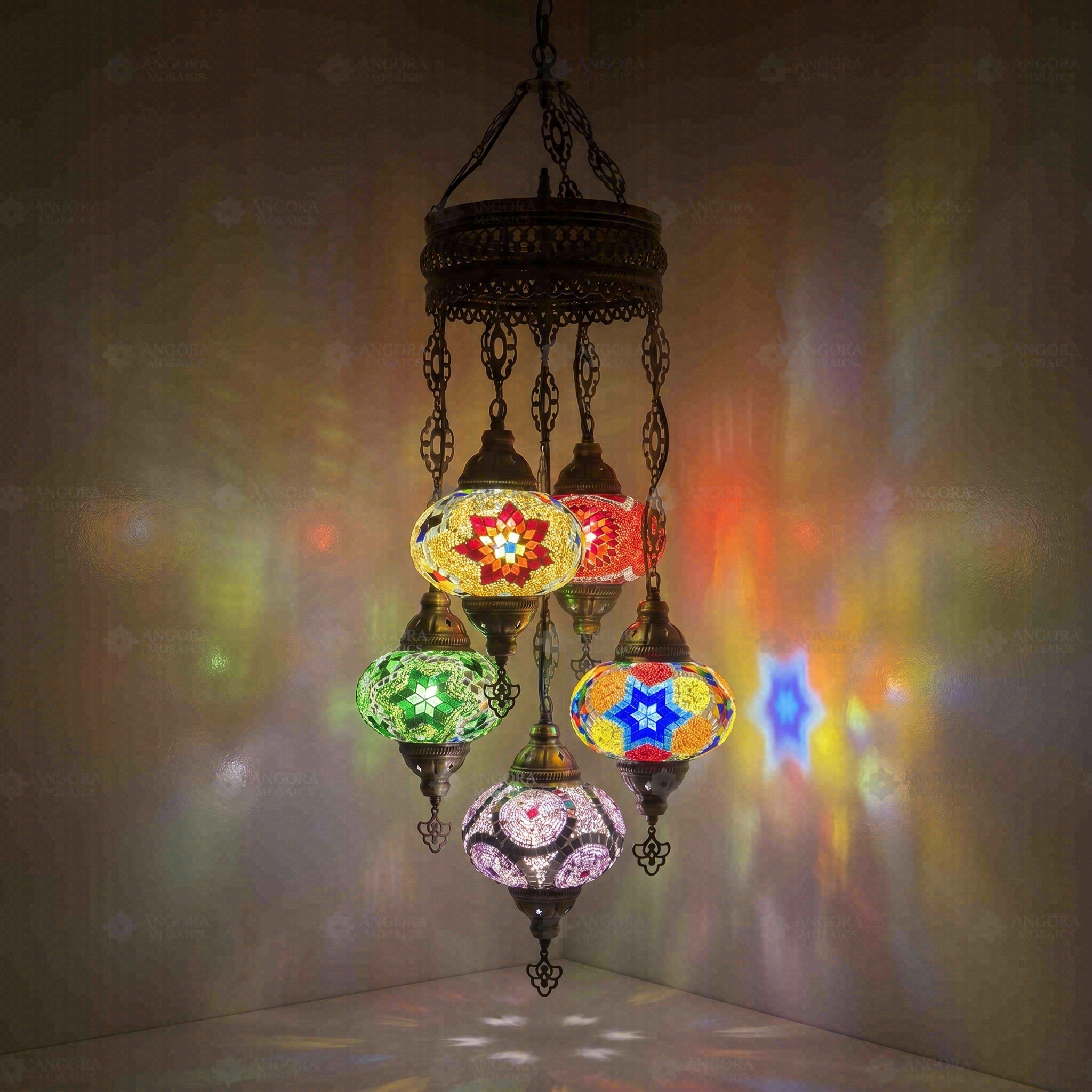Multicolor Turkish mosaic chandelier illuminated, showing colorful light projection (ENV SLT5N3 (03-07-41-61-90))