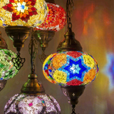 Lit close-up of mosaic glass globe — Multicolor chandelier glowing (ENV SLT5N3 (03-07-41-61-90))