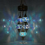 Blue Turkish mosaic chandelier illuminated, showing colorful light projection (ENV SLT5N3 (05-16-28-32-34))