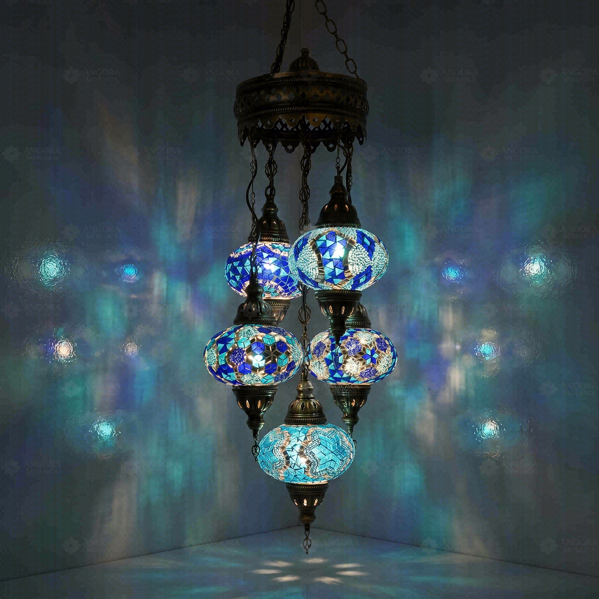 Blue Turkish mosaic chandelier illuminated, showing colorful light projection (ENV SLT5N3 (05-16-28-32-34))