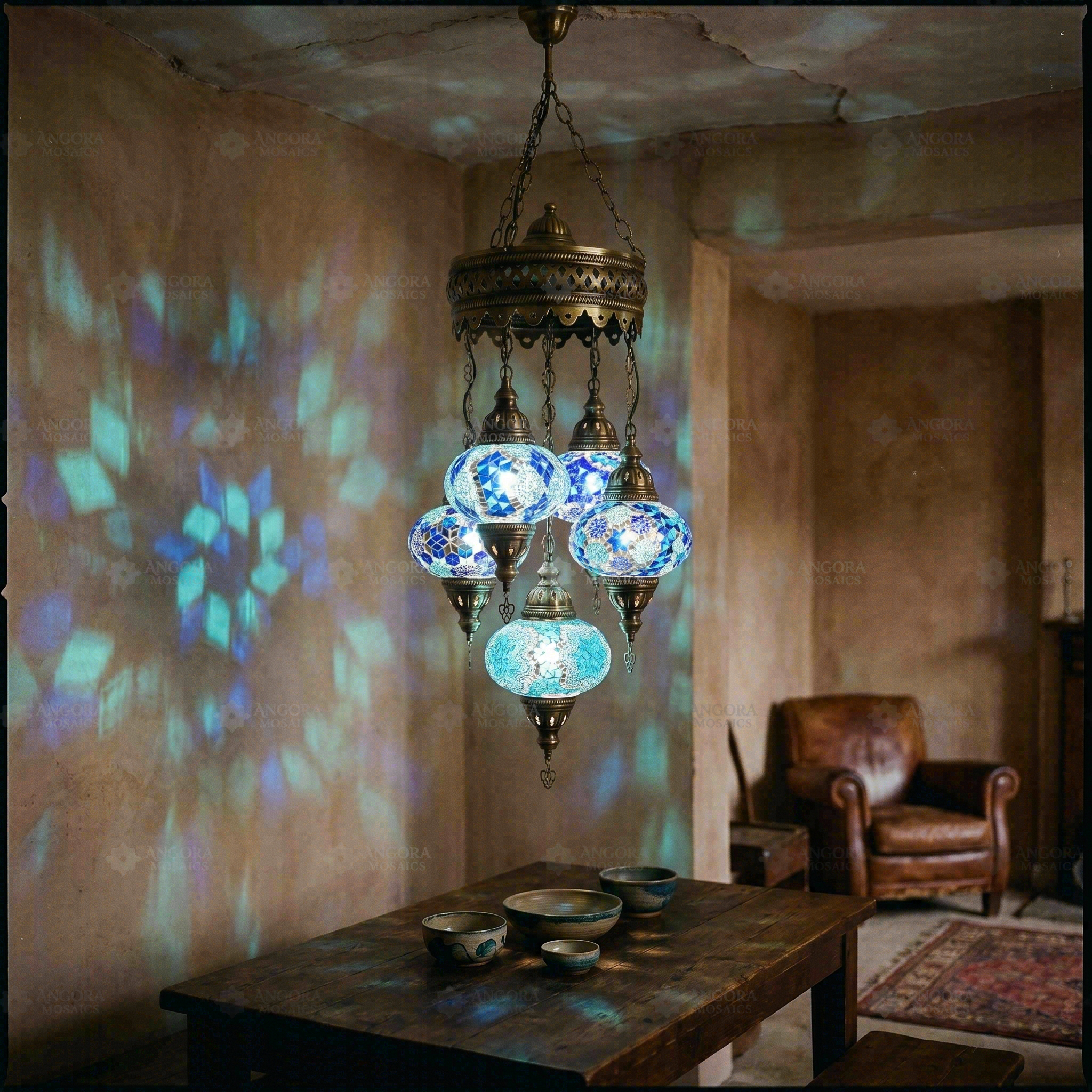 Blue blue jewel Turkish mosaic chandelier in styled room — handmade Moroccan chandelier (ENV SLT5N3 (05-16-28-32-34))