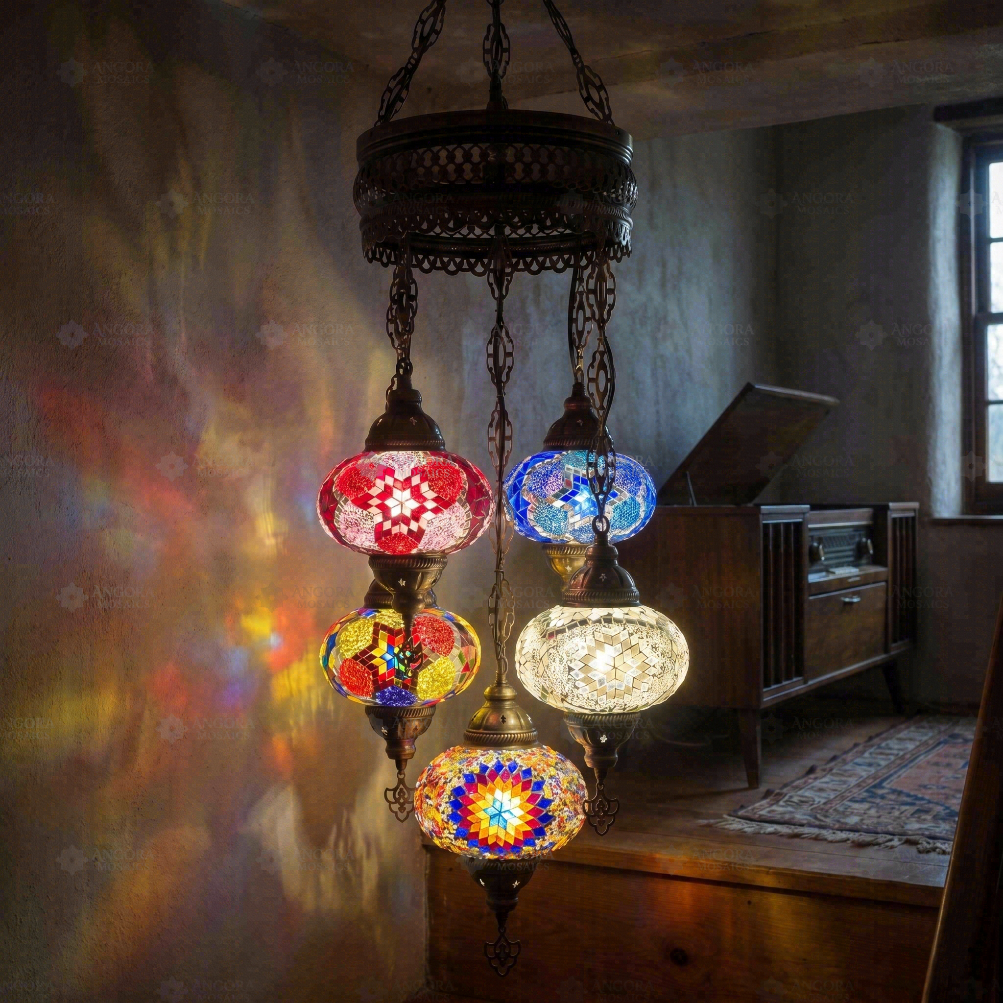 Multicolor multicolor jewel Turkish mosaic chandelier in styled room — handmade Moroccan chandelier (ENV SLT5N3 (08-18-24-40-43))