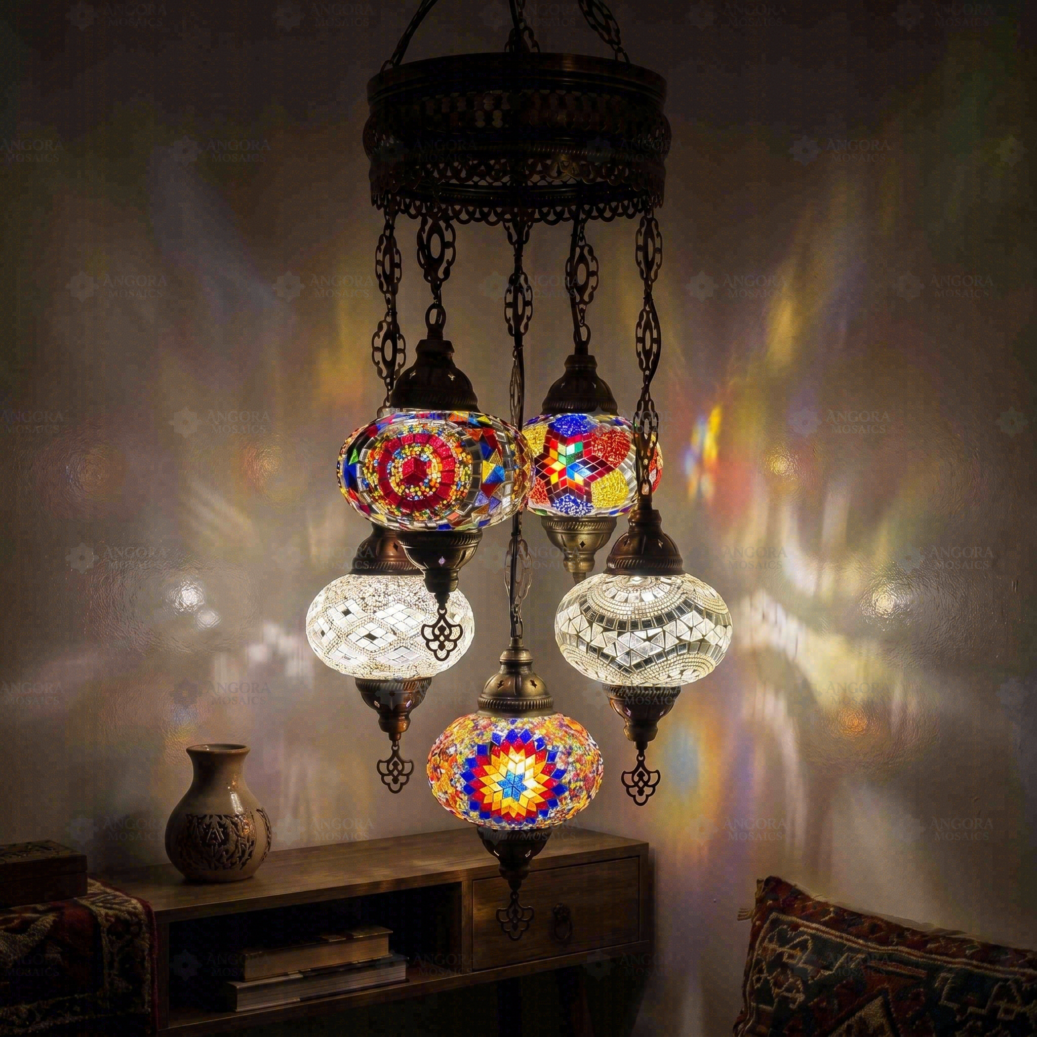 Multicolor multicolor jewel Turkish mosaic chandelier in styled room — handmade Moroccan chandelier (ENV SLT5N3 (12-18-21-24-36))