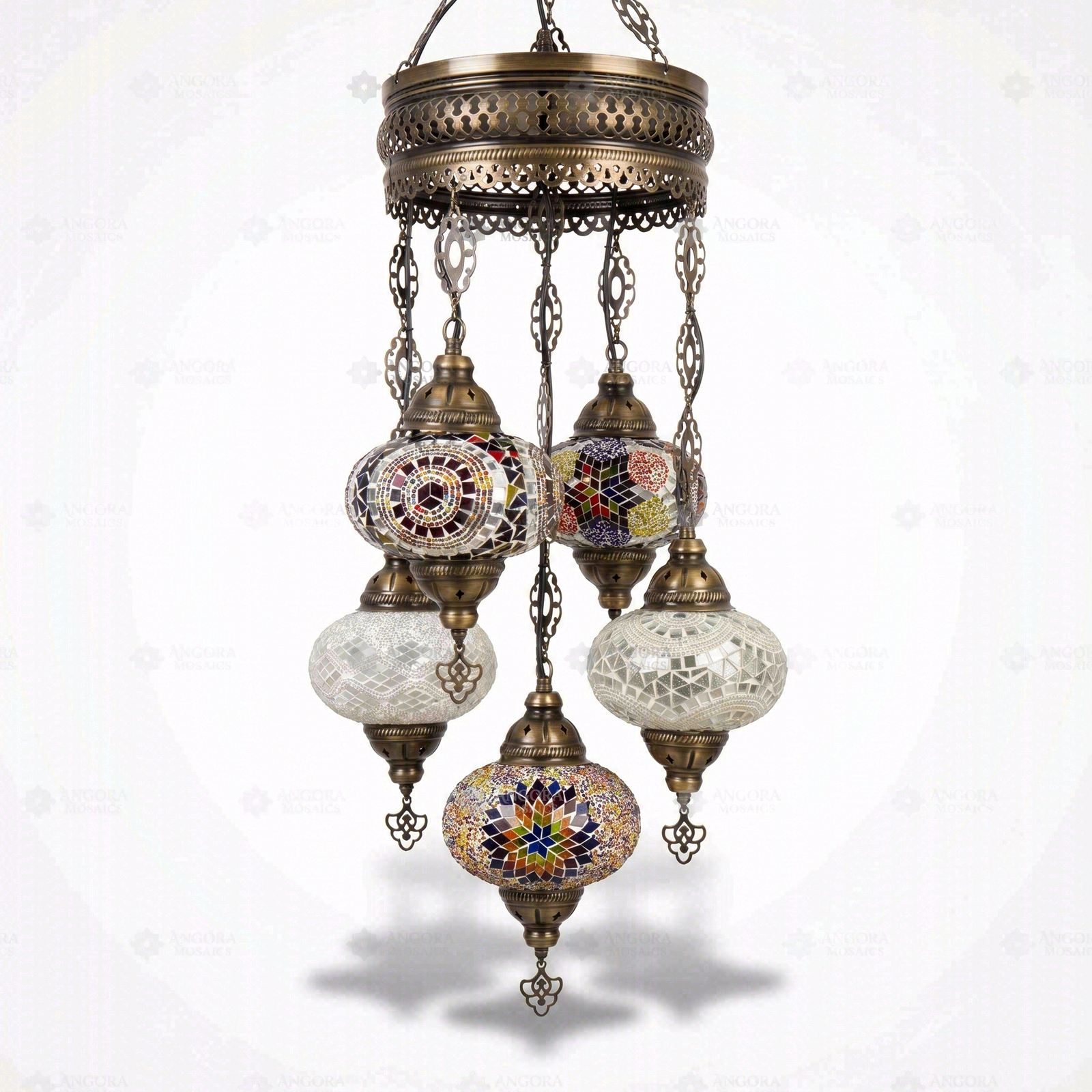 Full view of handmade Multicolor multicolor jewel Turkish mosaic chandelier on white background (ENV SLT5N3 (12-18-21-24-36))