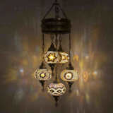 Warm Tones Turkish mosaic chandelier illuminated, showing colorful light projection (ENV SLT5N3 (13-26-31-64-67))