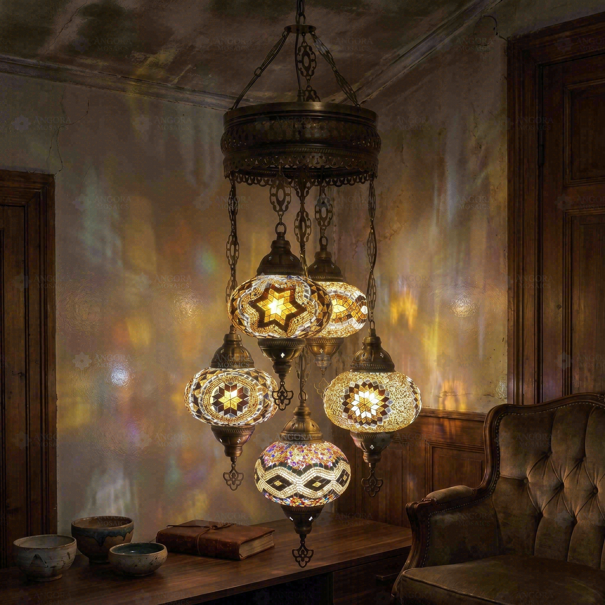 Warm Tones mixed warm Turkish mosaic chandelier in styled room — handmade Moroccan chandelier (ENV SLT5N3 (13-26-31-64-67))