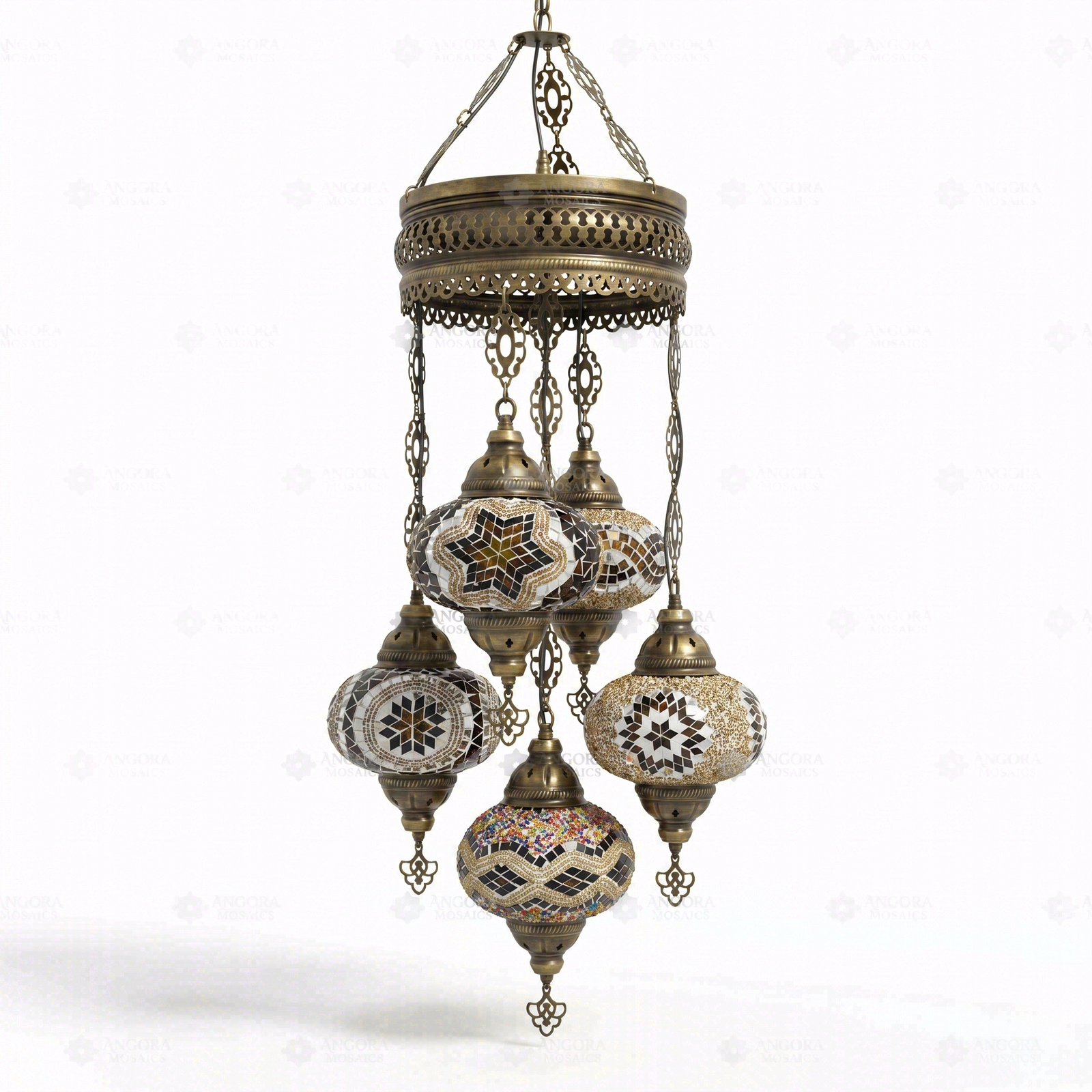 Full view of handmade Warm Tones mixed warm Turkish mosaic chandelier on white background (ENV SLT5N3 (13-26-31-64-67))