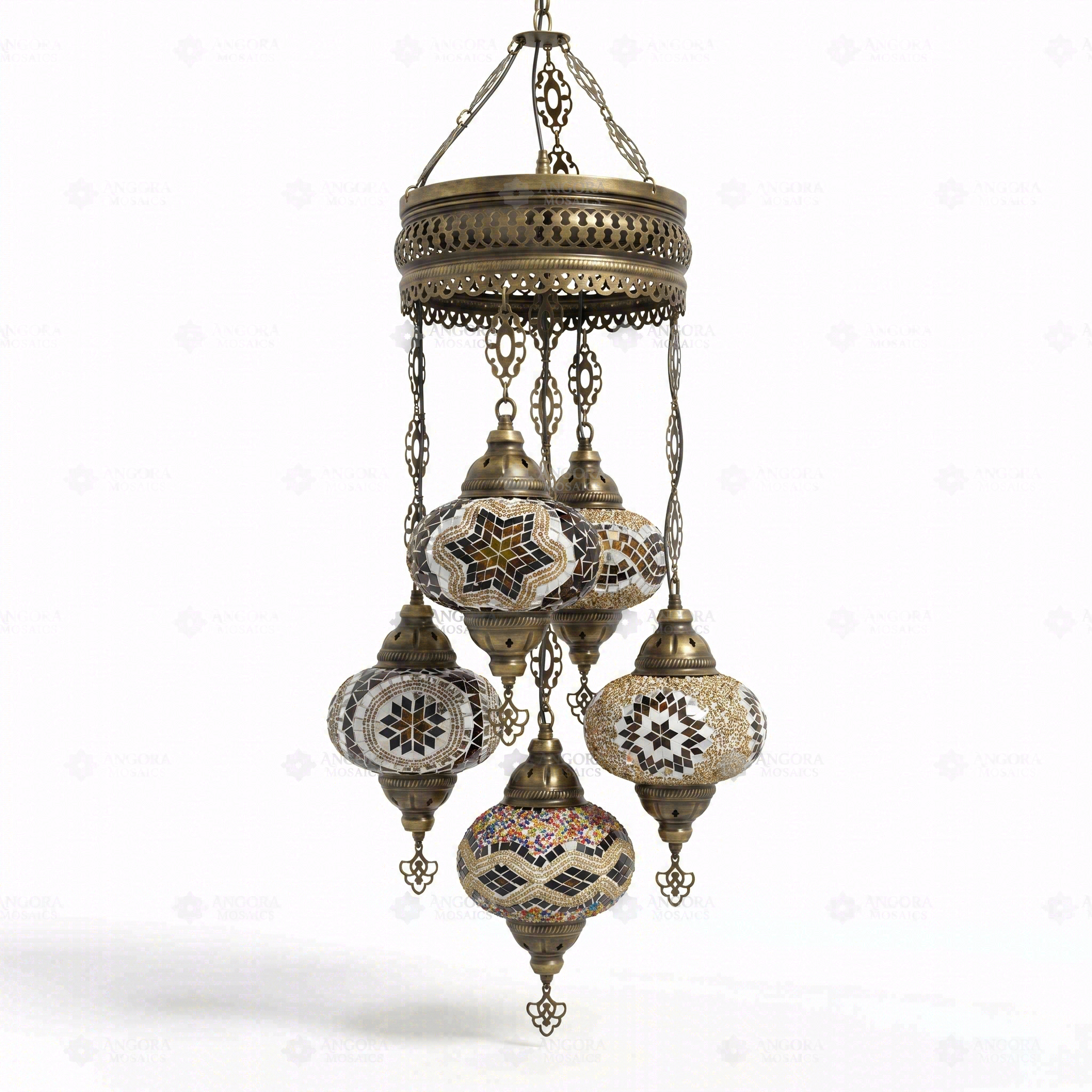 Full view of handmade Warm Tones mixed warm Turkish mosaic chandelier on white background (ENV SLT5N3 (13-26-31-64-67))