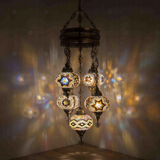 Warm Tones Turkish mosaic chandelier illuminated, showing colorful light projection (ENV SLT5N3 (13-63-67-88-89))