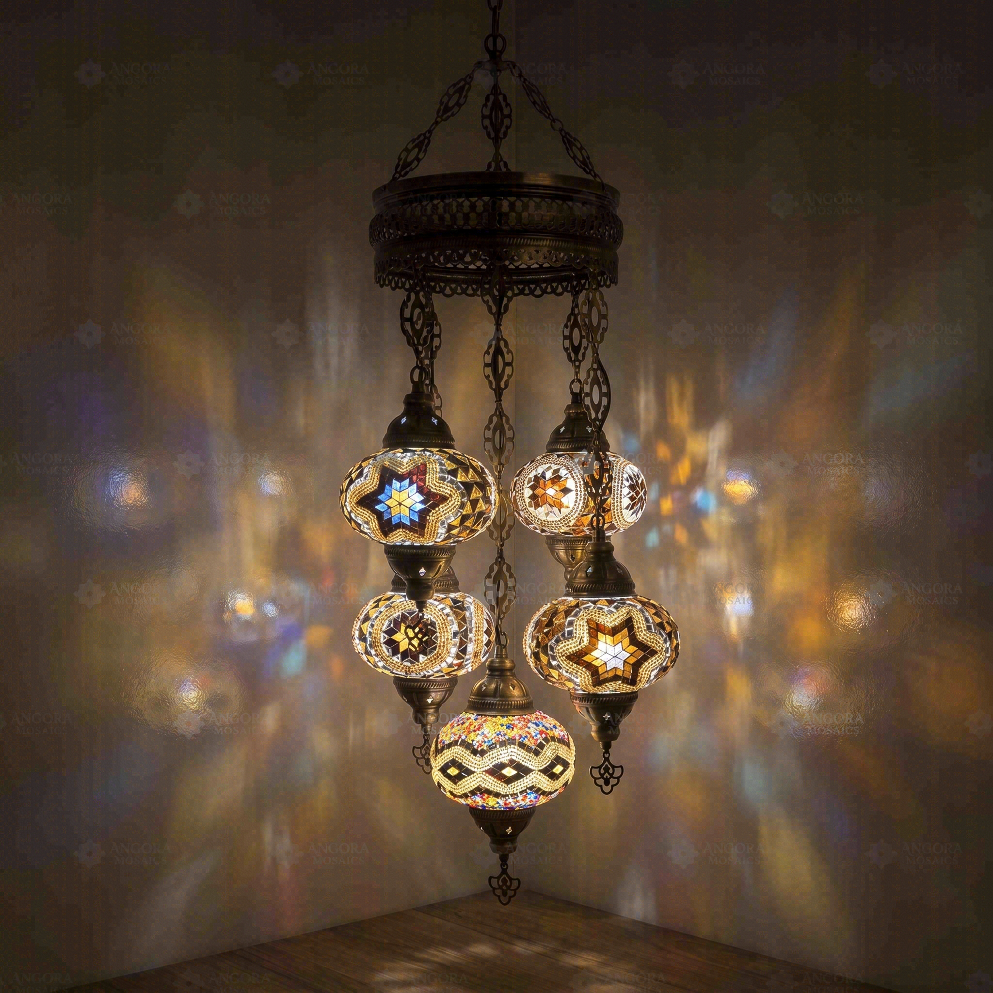 Warm Tones Turkish mosaic chandelier illuminated, showing colorful light projection (ENV SLT5N3 (13-63-67-88-89))