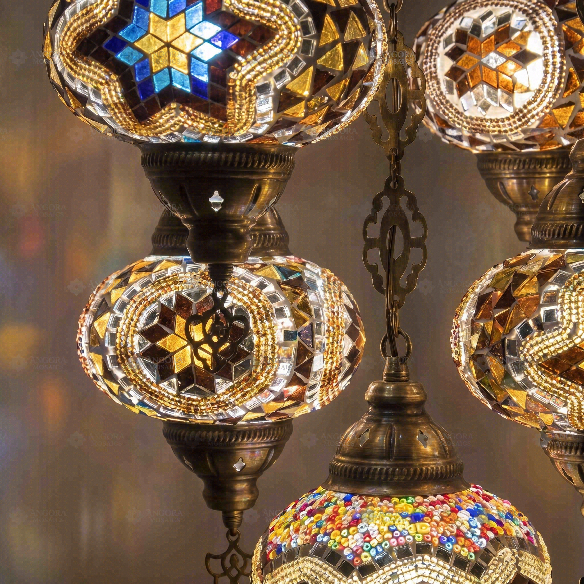 Lit close-up of mosaic glass globe — Warm Tones chandelier glowing (ENV SLT5N3 (13-63-67-88-89))