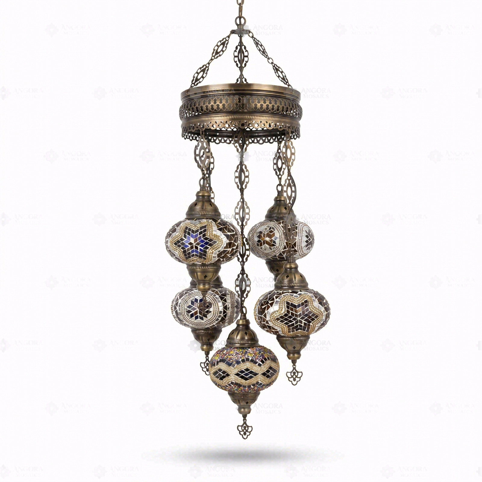 Full view of handmade Warm Tones mixed warm Turkish mosaic chandelier on white background (ENV SLT5N3 (13-63-67-88-89))