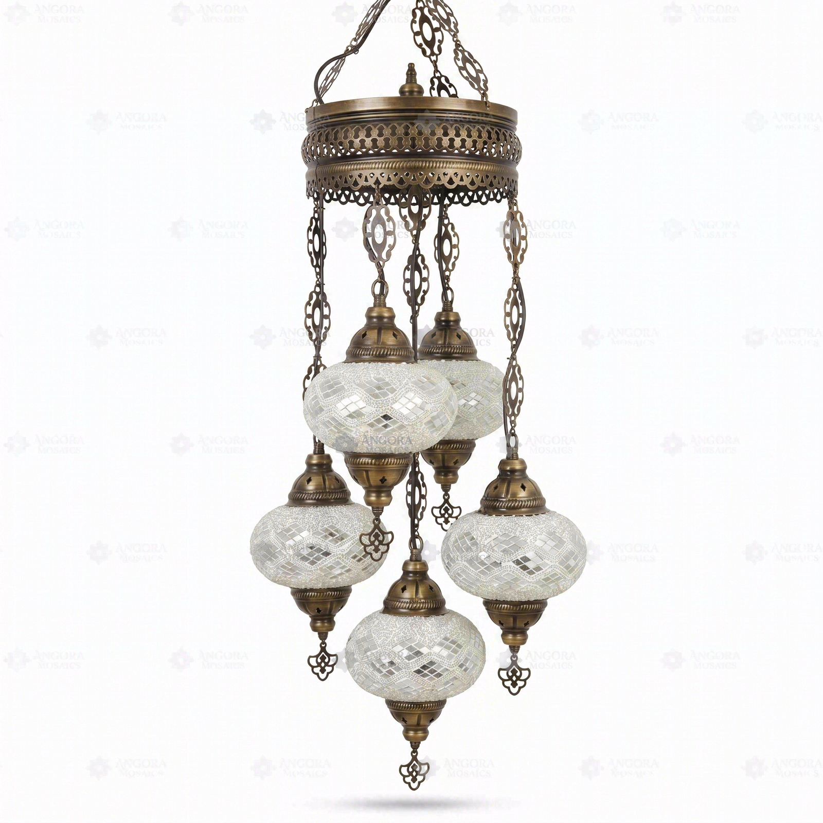 Full view of handmade White white glow Turkish mosaic chandelier on white background (ENV SLT5N3 (3012))