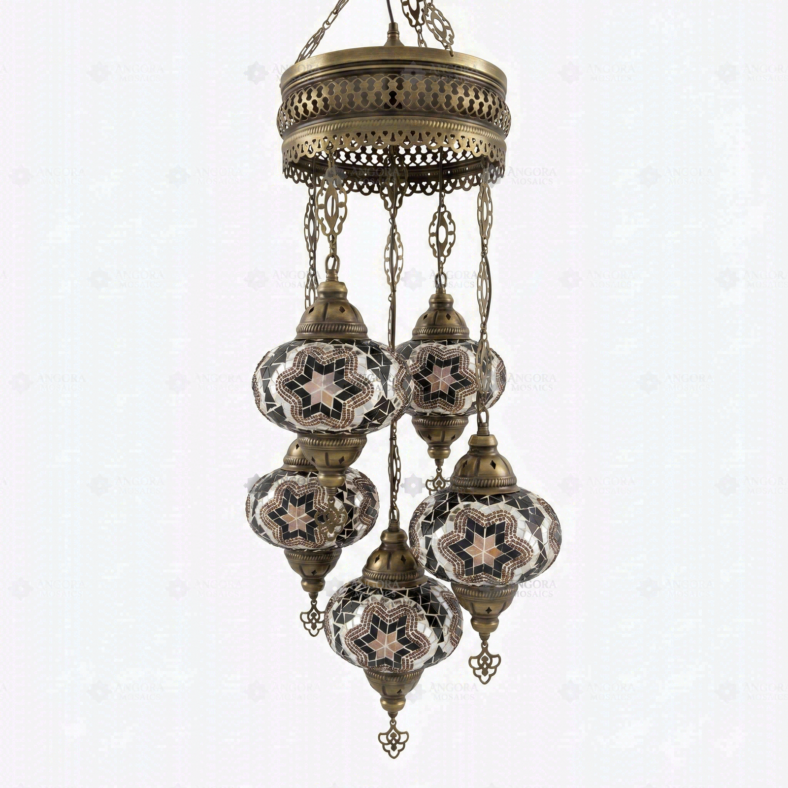 Full view of handmade Clear clear neutral Turkish mosaic chandelier on white background (ENV SLT5N3 (3019))