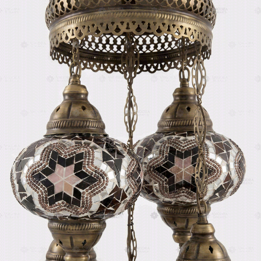 Black and White Star 5-Globe Cluster Chandelier, close-up of the mosaic glass